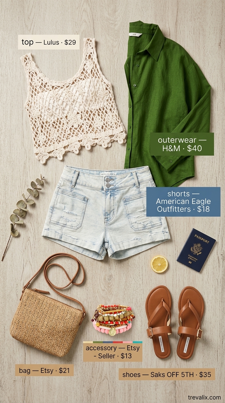 Midsize denim outfits summer for women 2026: Distressed denim shorts, crochet top, linen shirt, straw bag.