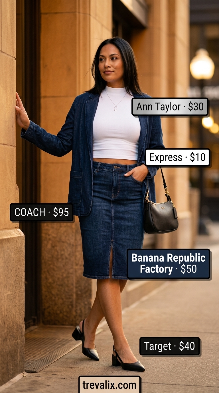 Midsize denim outfits summer for women 2026: Dark wash denim pencil skirt, white mock neck knit top, black pumps.