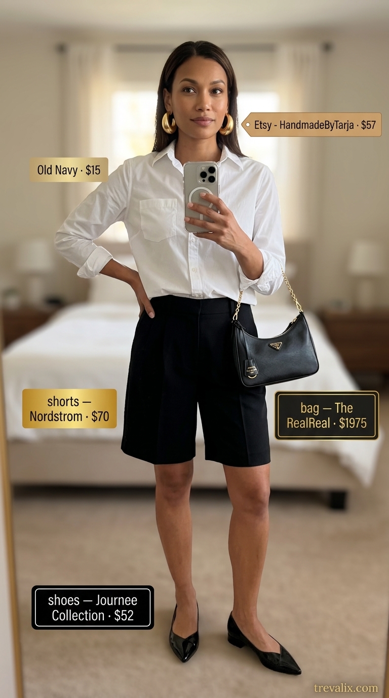 Minimal every day summer outfits for women 2026: Black Bermuda shorts, white shirt, gold accents for business casual.