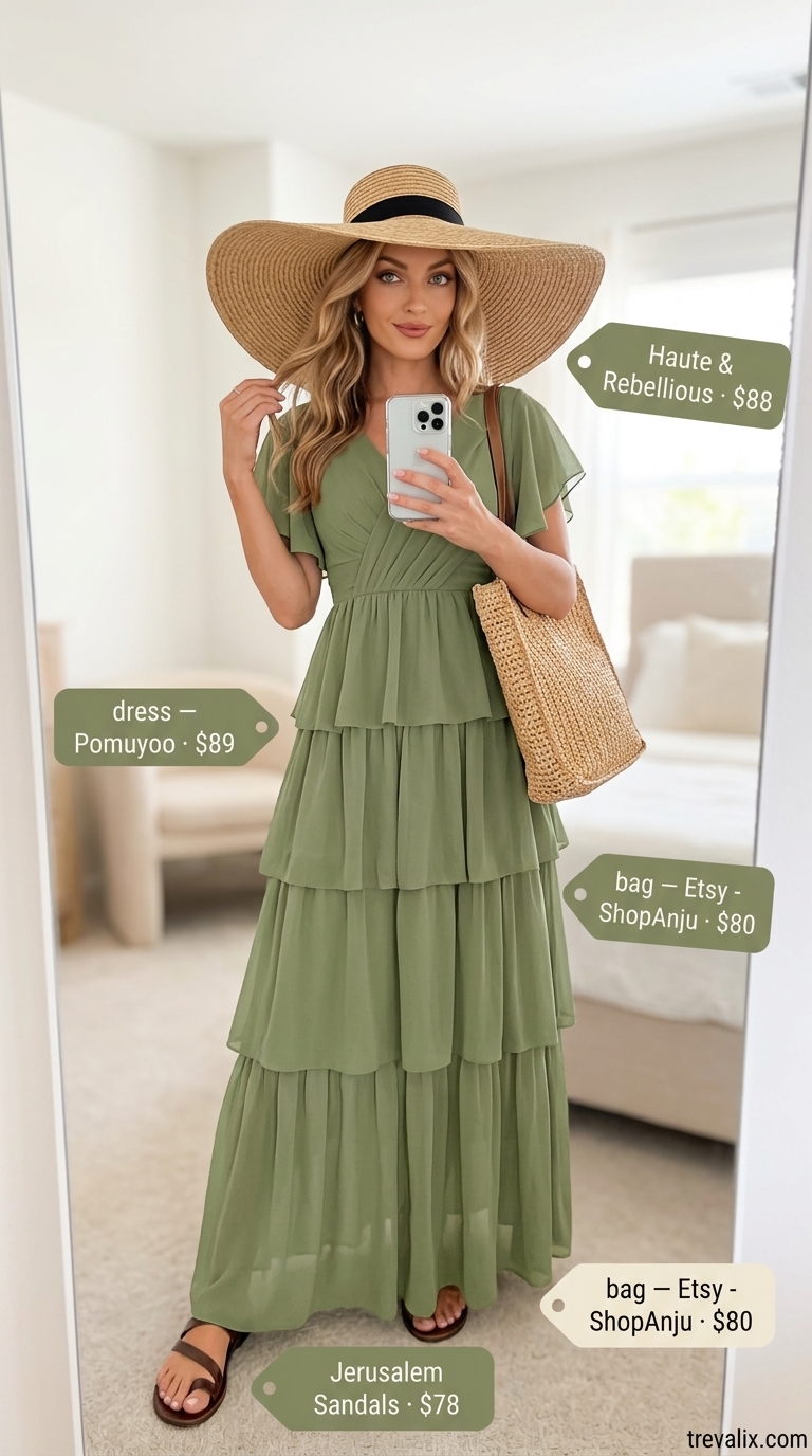 Minimal every day summer outfits for women 2026: Olive green flowy maxi dress, brown leather slides, and raffia tote for a boho beach look.