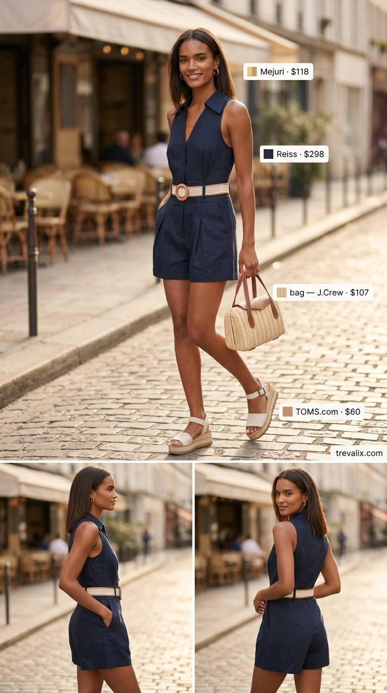 Minimal every day summer outfits for women 2026: Navy linen romper, espadrille wedges, and straw bag for a weekend getaway brunch.