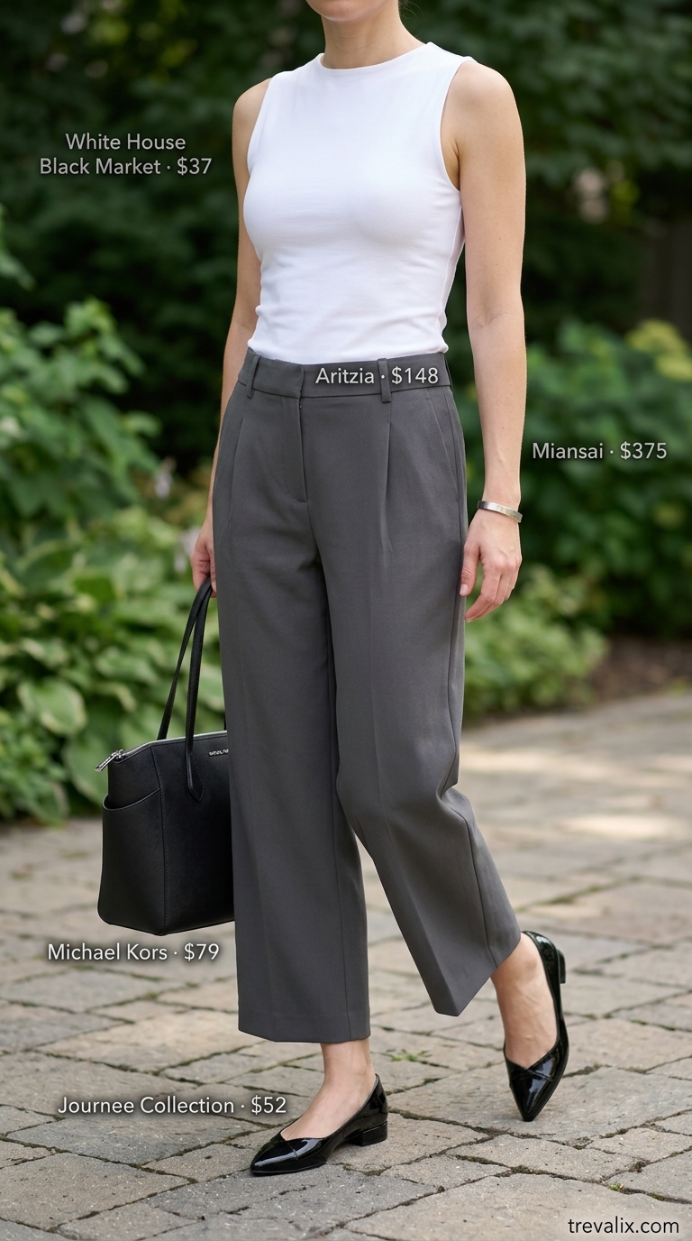 Minimal every day summer outfits for women 2026: Charcoal pants, white knit top, black mules for urban chic.