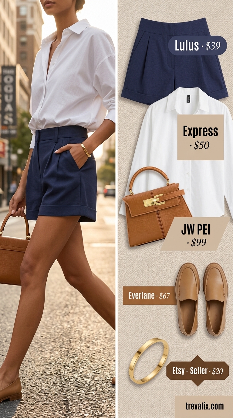 Minimal every day summer outfits for women 2026: Navy shorts, white shirt, tan loafers for city errands.