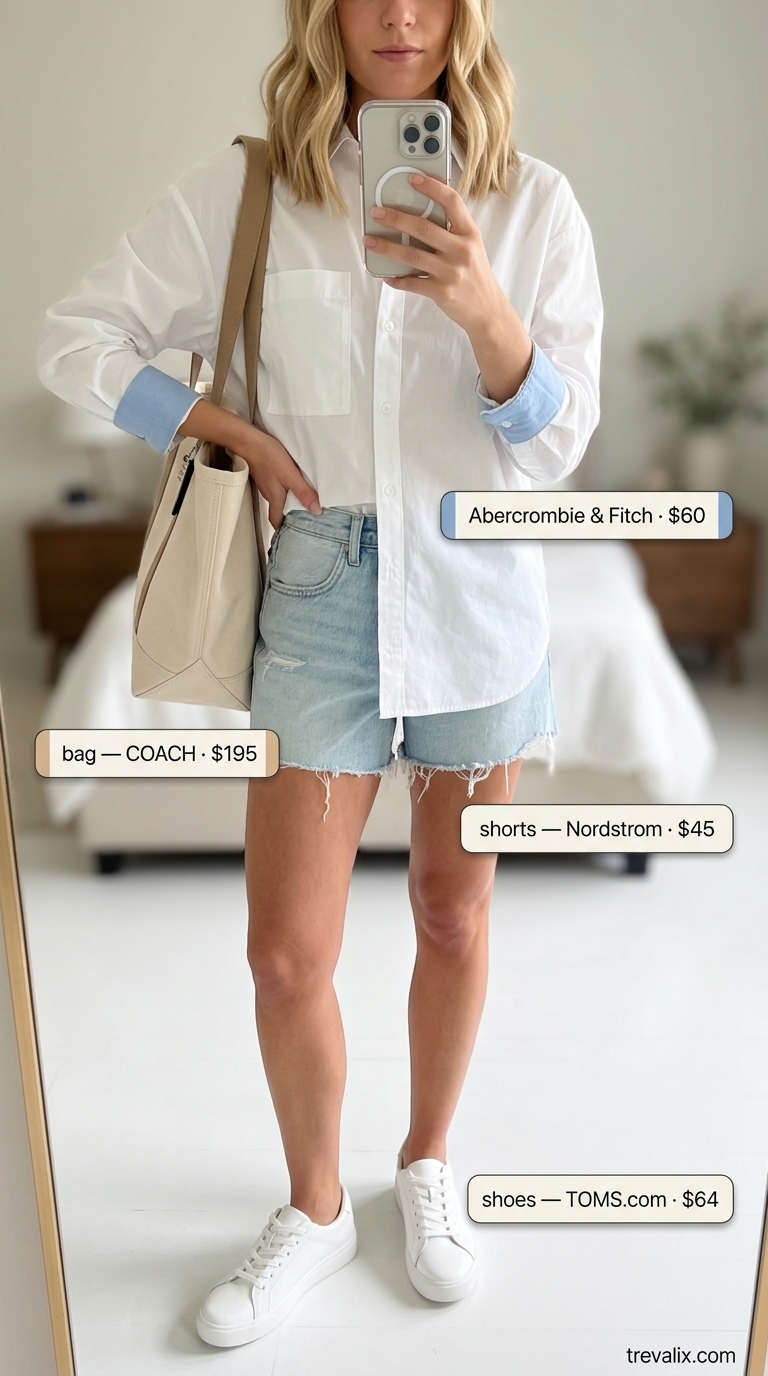 Minimal every day summer outfits for women 2026: Denim shorts, white shirt, tank, and sneakers for a cool weekend look.
