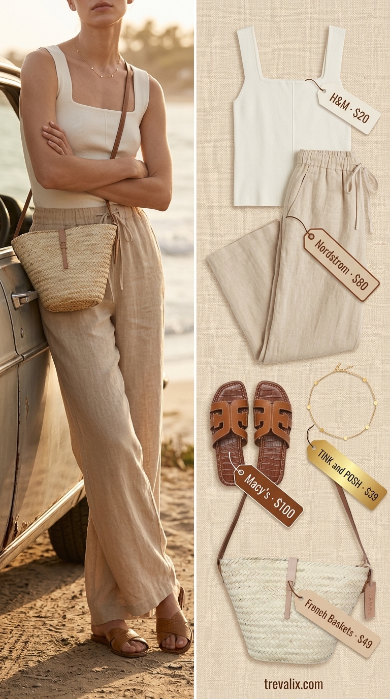 Minimal every day summer outfits for women 2026: Ecru linen pants, sand tank, tan sandals for coastal vibes.