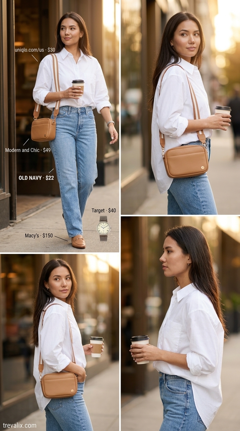 Minimal every day summer outfits for women 2026: Light wash jeans, white shirt, loafers, and crossbody bag for a coffee shop study session.