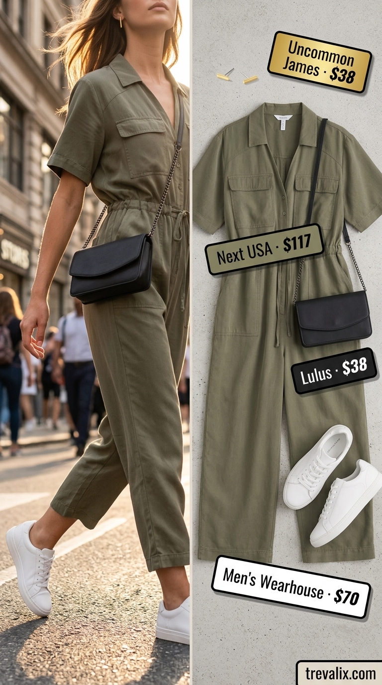 Minimal every day summer outfits for women 2026: Khaki utility jumpsuit, white sneakers for effortless style.
