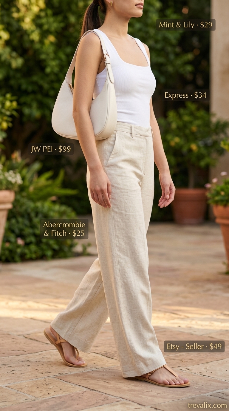 Minimal every day summer outfits for women 2026: White tank, beige linen pants, tan sandals for a relaxed look.