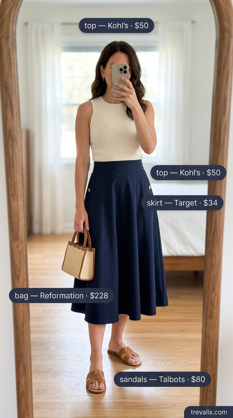 Minimal every day summer outfits for women 2026: Navy A-line skirt, white knit top, and leather slides for a seaside gallery opening.