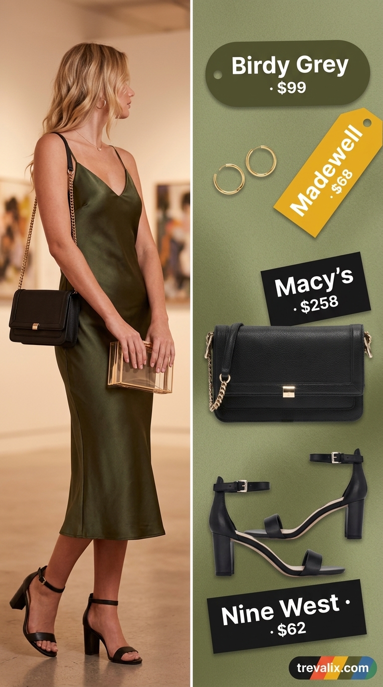Minimal every day summer outfits for women 2026: Olive slip dress, black bag, gold earrings for evening chic.