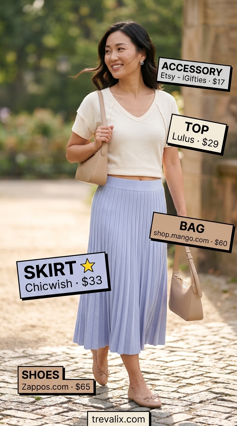 Minimal every day summer outfits for women 2026: Soft blue skirt, cream top, nude flats for a feminine look.