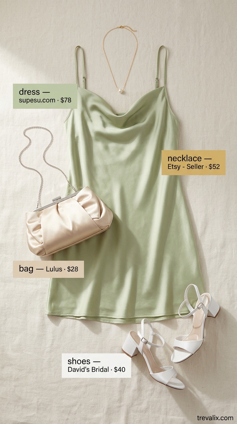 Minimal every day summer outfits for women 2026: Sage green slip dress, block heels, and gold jewelry for afternoon tea.
