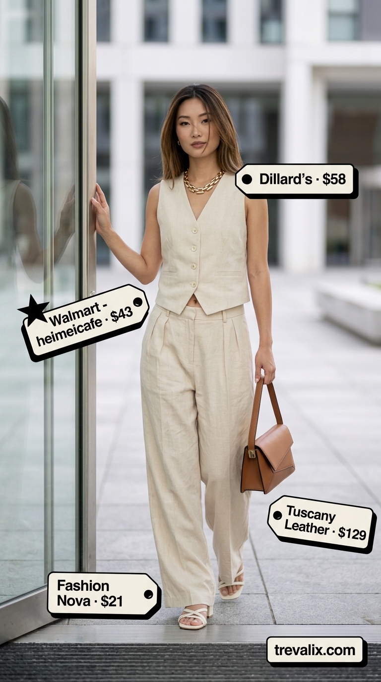 Minimal every day summer outfits for women 2026: Tan matching set, cream heels, gold necklace for office style.