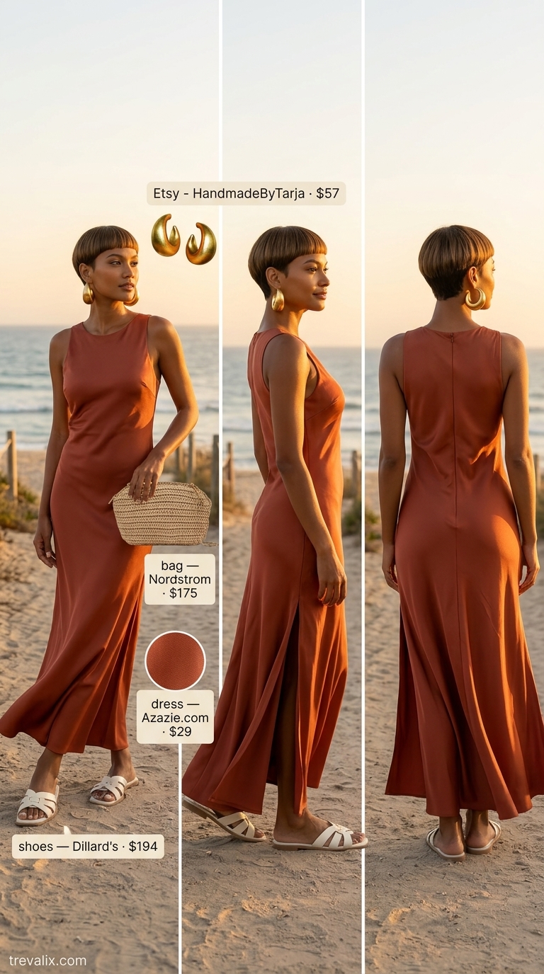 Minimal every day summer outfits for women 2026: Terracotta maxi dress, cream slides, and raffia clutch for a sunset beach walk.