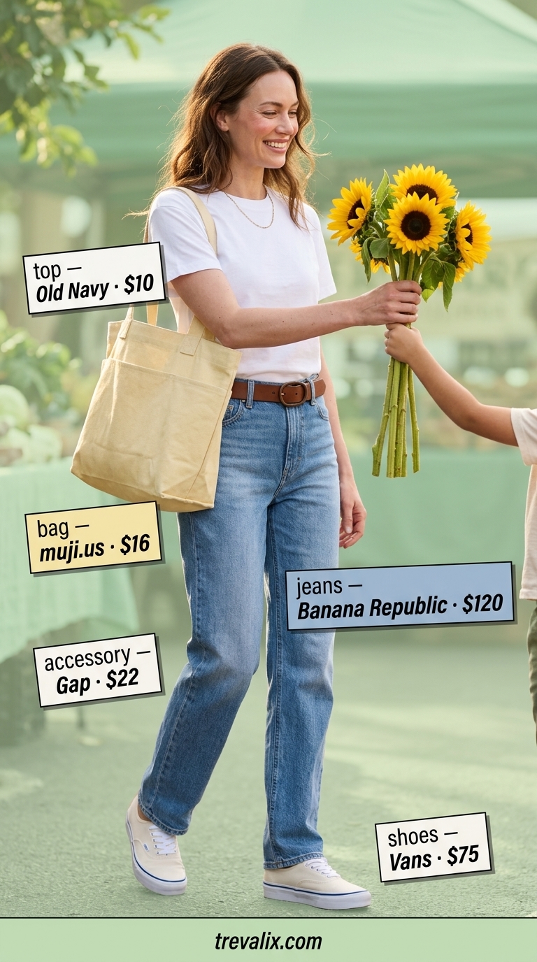 Minimal every day summer outfits for women 2026: Light wash jeans, white tee, and canvas sneakers for a weekend market vibe.