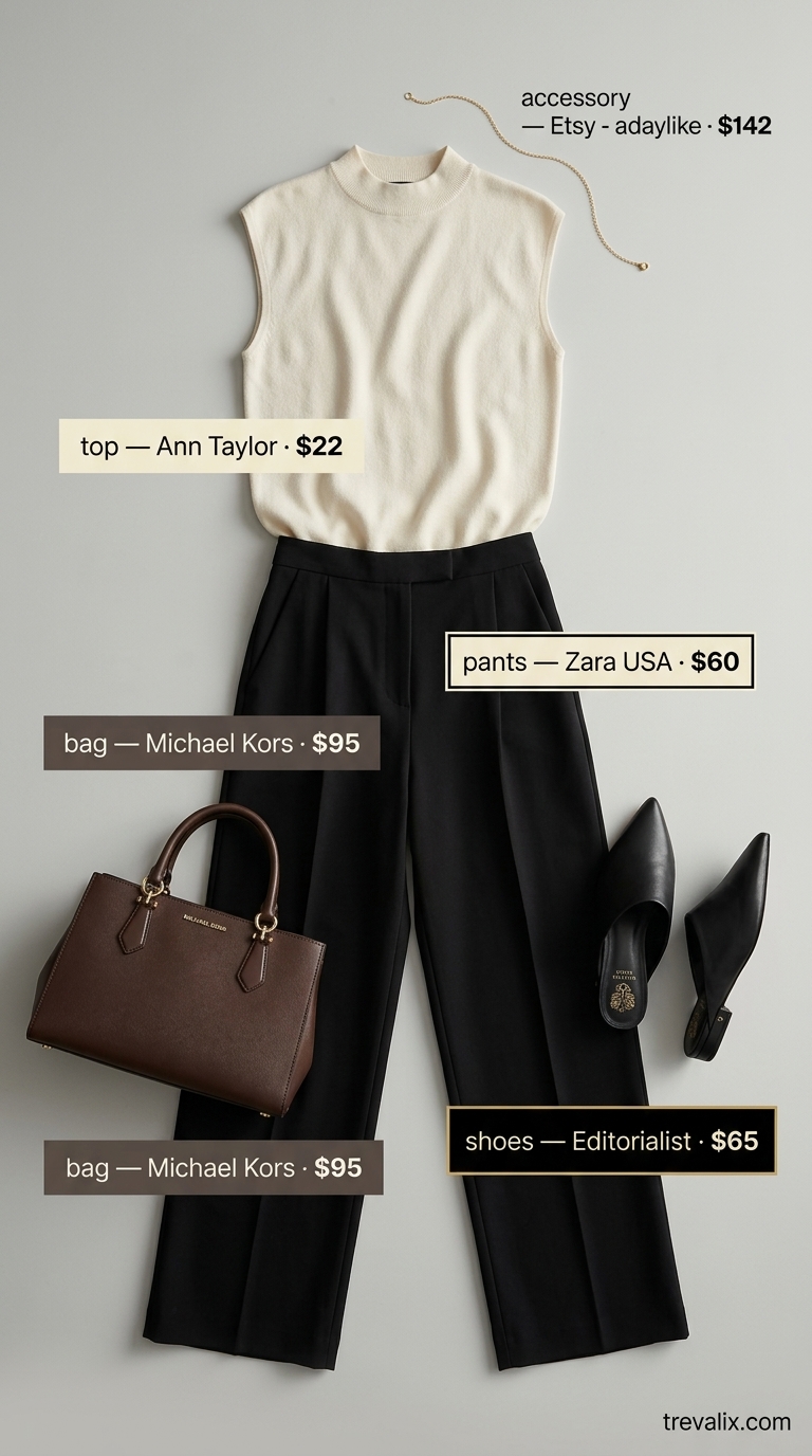 Minimal every day summer outfits for women 2026: Black wide-leg pants, cream knit top, and leather mules for elevated everyday style.