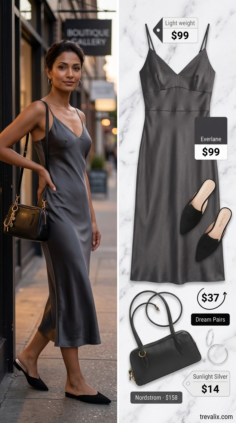 Sophisticated charcoal slip dress outfit for minimal every day summer outfits for women 2026. Perfect for evenings.