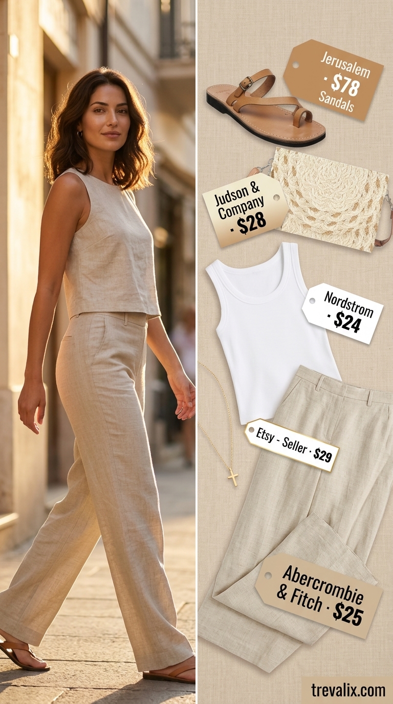 Relaxed cream linen pants outfit for minimal every day summer outfits for women 2026. Ideal for brunch and errands.