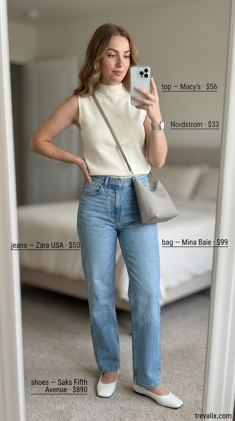 Polished light blue denim jeans outfit for minimal every day summer outfits for women 2026. Ideal for coffee dates.