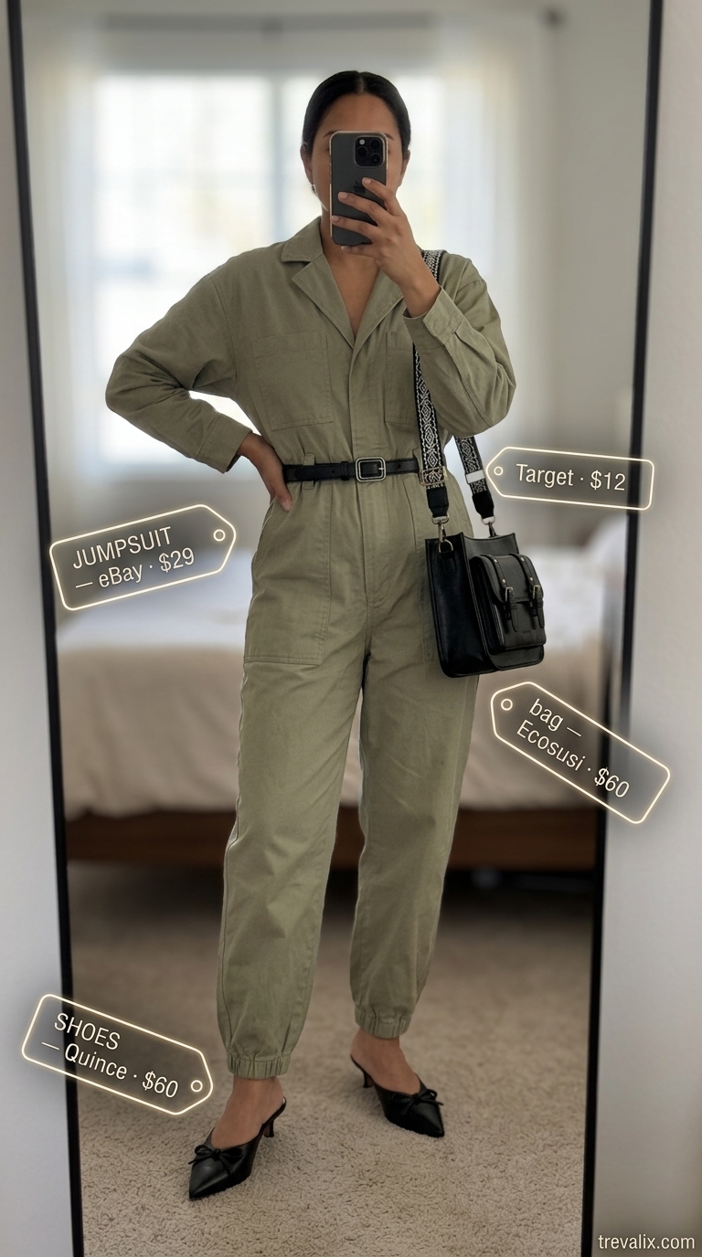 Modern khaki utility jumpsuit for minimal every day summer outfits for women 2026. Great for urban exploration.