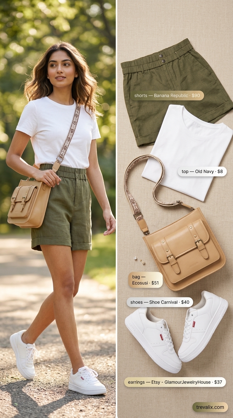 Comfortable olive green shorts outfit for minimal every day summer outfits for women 2026. Perfect for picnics.