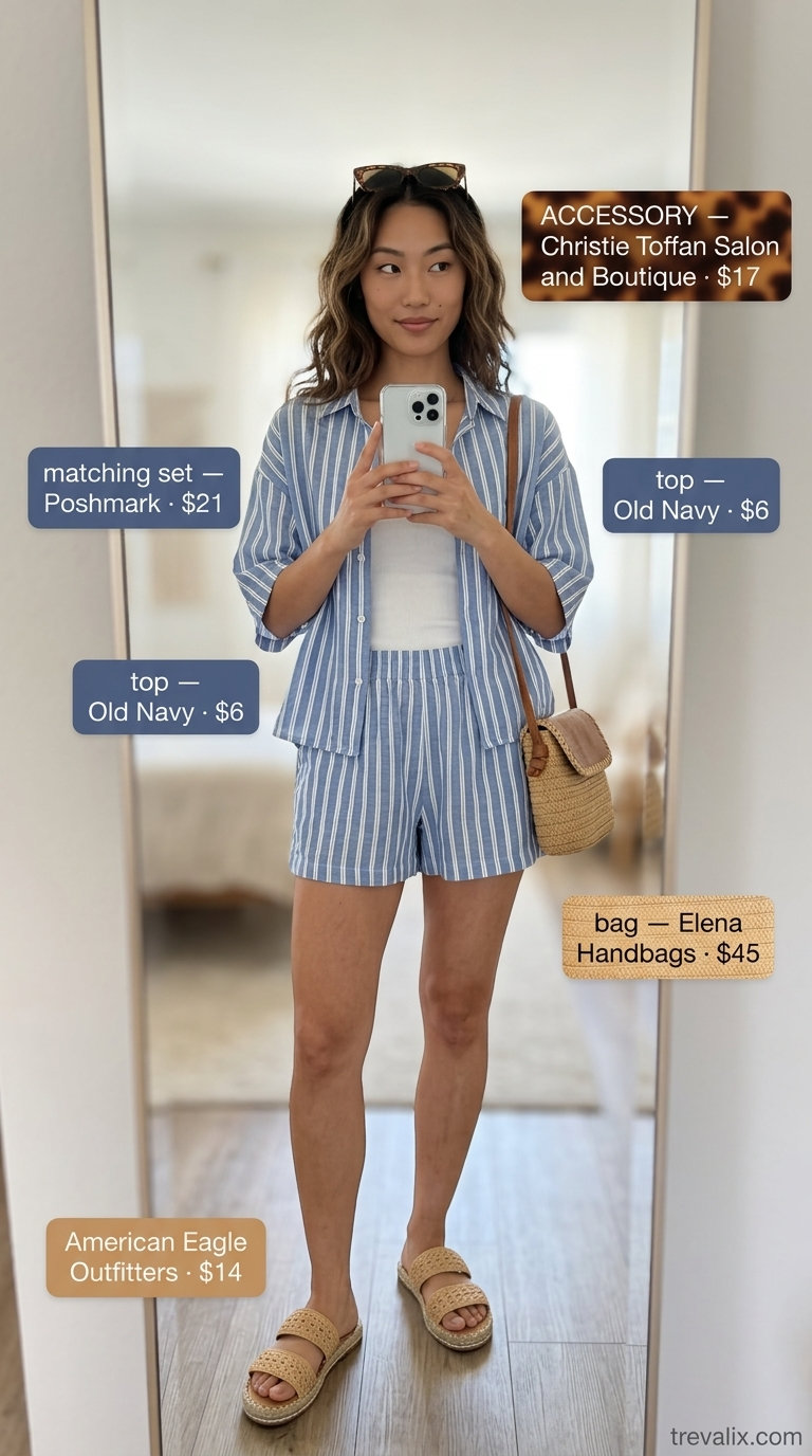 Crisp navy stripe matching set for minimal every day summer outfits for women 2026. Ideal for brunch.