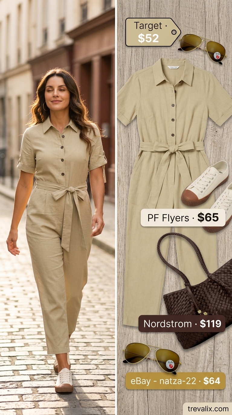 Practical tan utility jumpsuit for minimal every day summer outfits for women 2026. Great for errands.