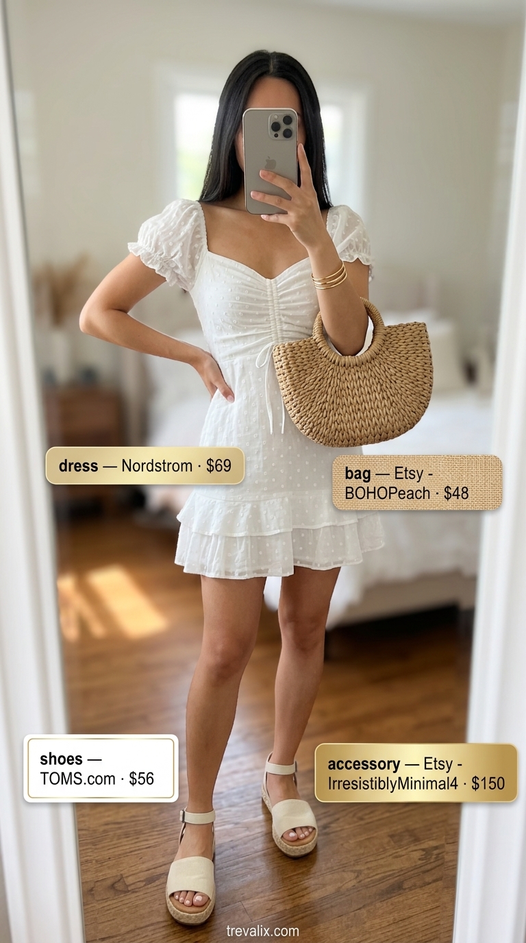 Chic white broderie anglaise mini dress outfit for minimal every day summer outfits for women 2026. Perfect for daytime events.