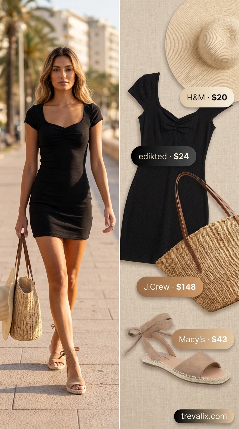 Coastal Queen Mob Wife Bodycon Summer Outfits 2026 Effortless mob wife bodycon summer outfit 2026: White dress, straw bag, espadrilles for beach brunch.