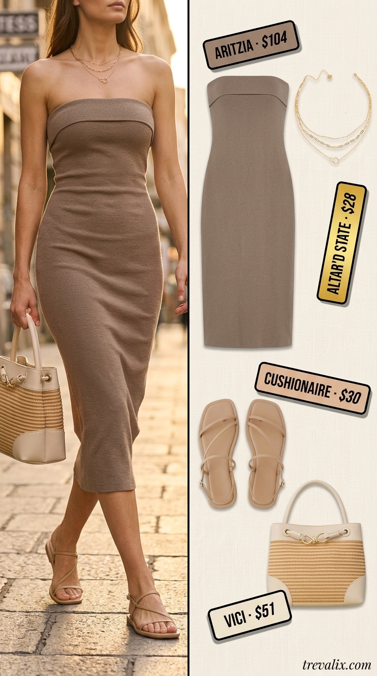 Mob Wife Bodycon Summer Outfits 2026: Coral Brunch Vibes Vibrant coral mob wife bodycon summer outfit 2026 with straw bag and gold layered necklaces for brunch.