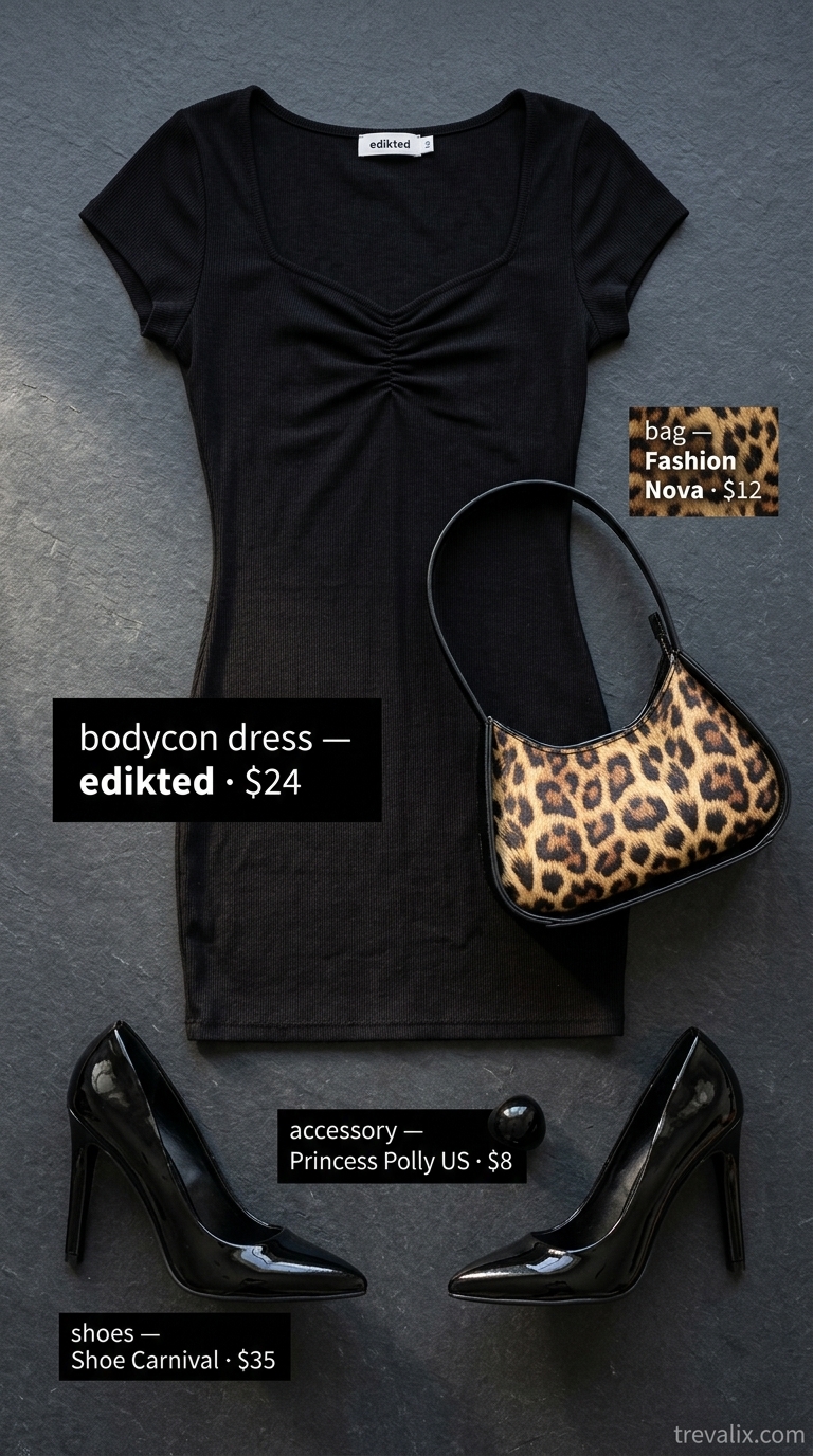 Crimson Confidence Mob Wife Bodycon Summer Outfits 2026 Bold mob wife bodycon summer outfit 2026: Red dress, leopard print bag, black heels for a night out.