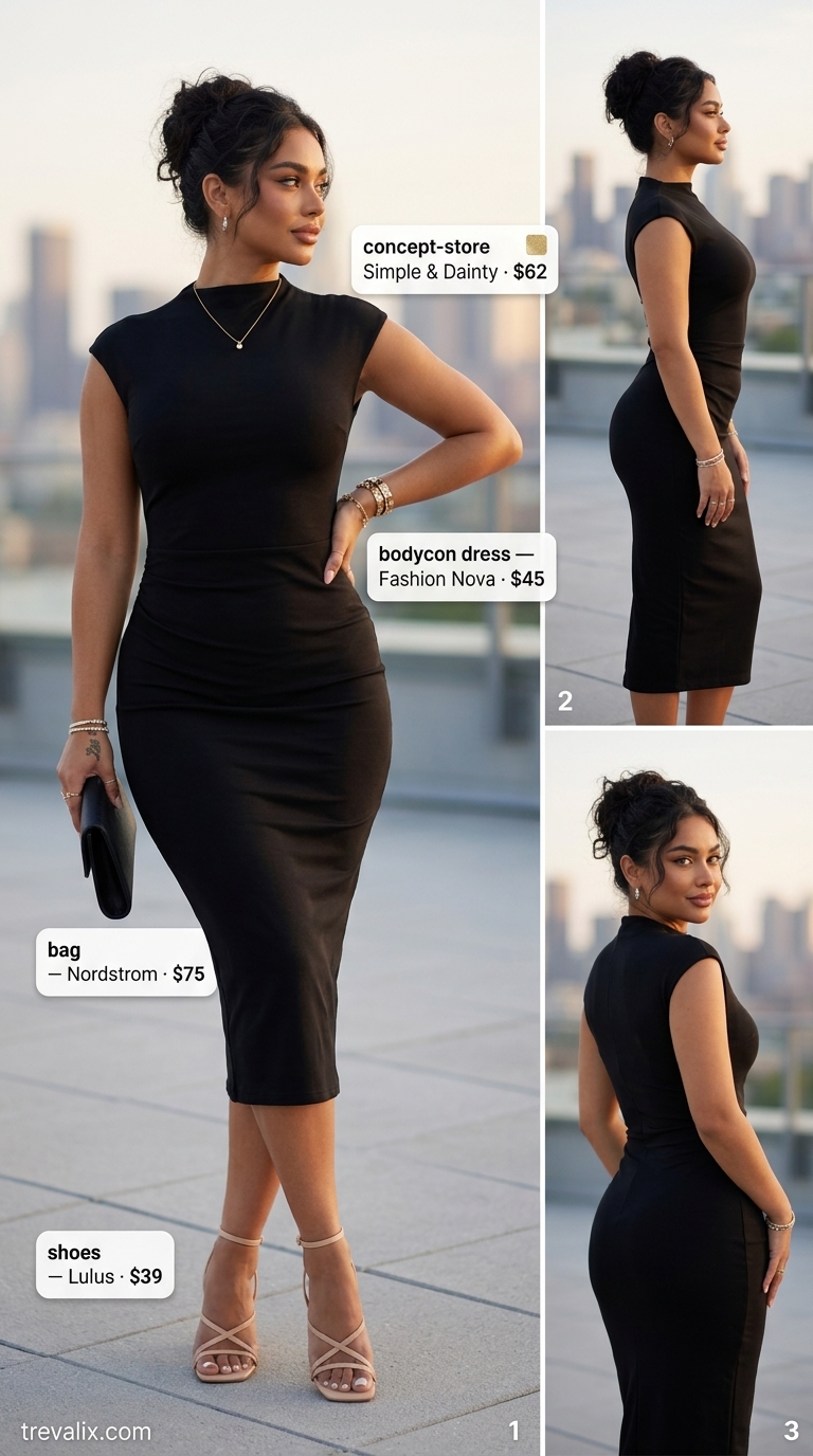 Golden Hour Mob Wife Bodycon Summer Outfits 2026 Opulent mob wife bodycon summer outfit 2026: Gold dress, black clutch, cream sandals for evening event.