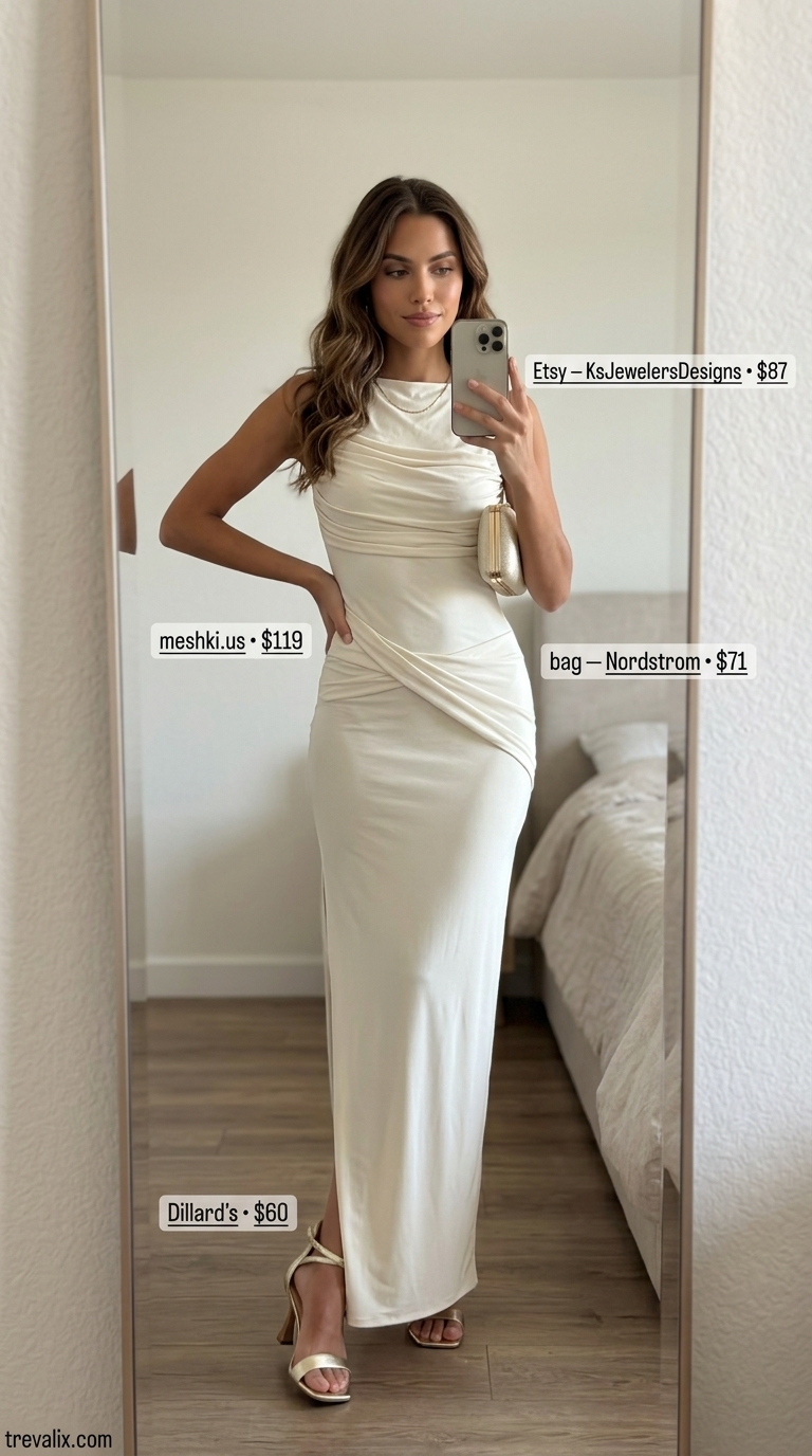 Grecian Goddess Mob Wife Bodycon Summer Outfits 2026 Grecian Goddess mob wife bodycon summer outfit 2026: Ivory maxi dress, gold heels & clutch for a wedding guest.