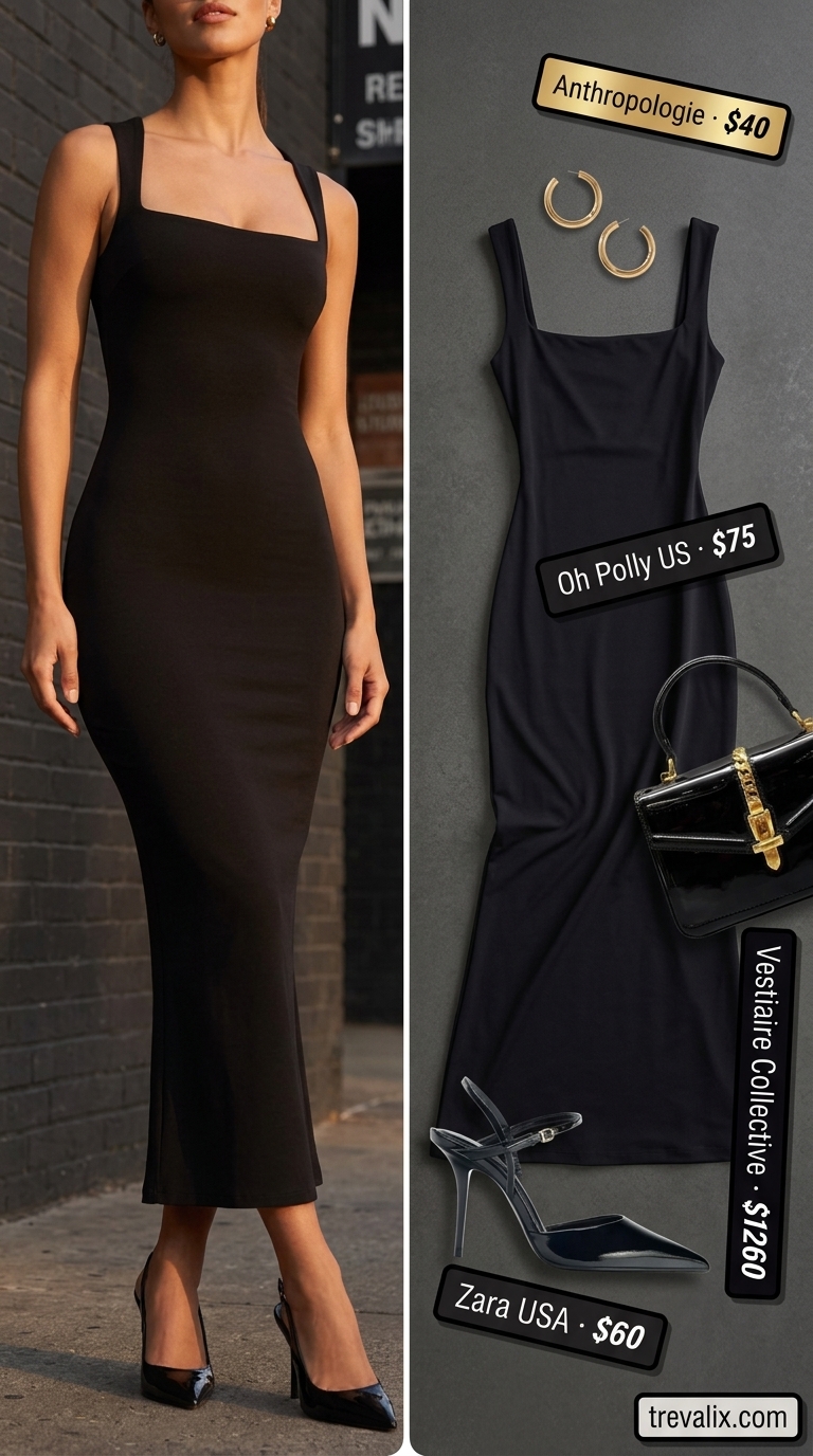 Mob Wife Bodycon Summer Outfits 2026: Midnight Luxe Glam Glamorous black mob wife bodycon summer outfit 2026 with stiletto heels and gold hoops for a night out.