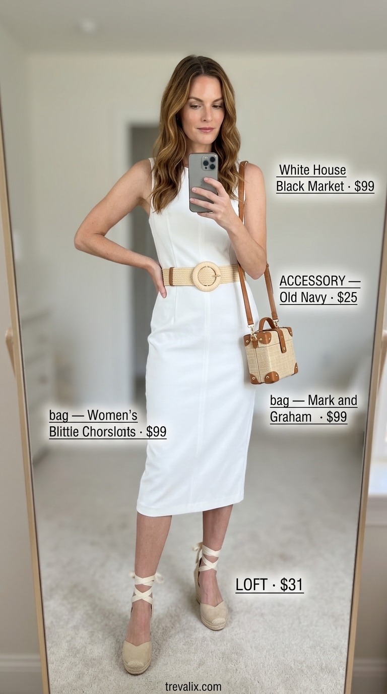 Minimalist Mob Wife Bodycon Summer Outfits 2026 Chic white bodycon dress with raffia accessories for mob wife bodycon summer outfits 2026. Minimalist and elegant.