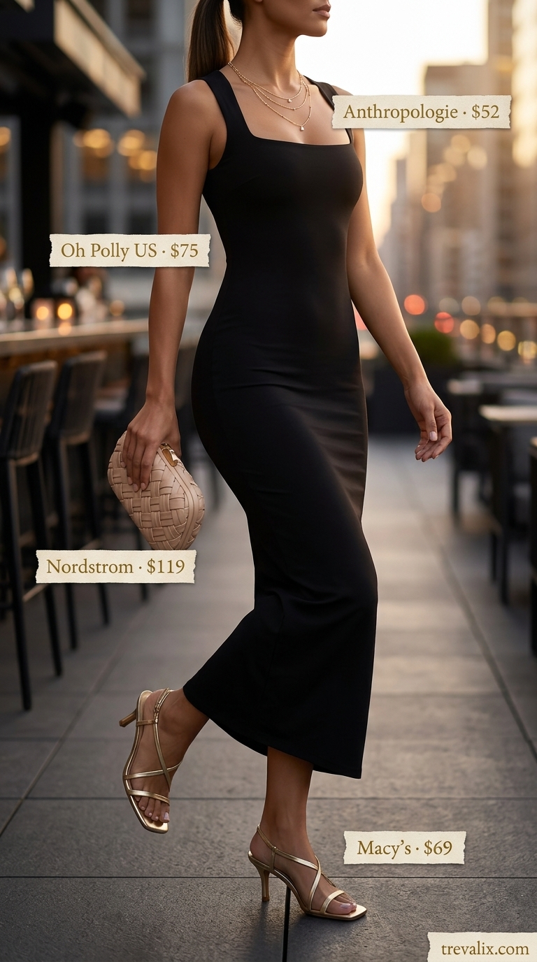 Nude Illusion Mob Wife Bodycon Summer Outfits 2026 Elegant nude bodycon dress with gold strappy sandals for mob wife bodycon summer outfits 2026. Understated glamour.
