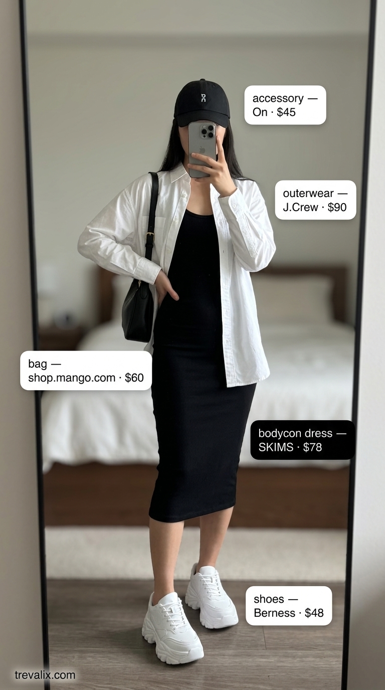 Retro Vibes Mob Wife Bodycon Summer Outfits 2026 Retro black bodycon dress with oversized shirt for mob wife bodycon summer outfits 2026. Cool casual day look.