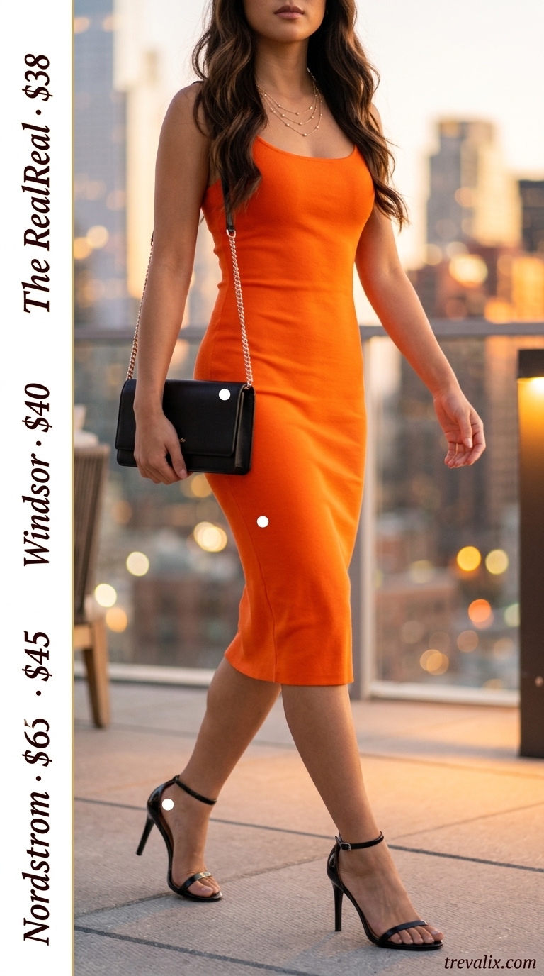 Sunset Glow Mob Wife Bodycon Summer Outfits 2026 Vibrant orange bodycon dress with gold necklaces for mob wife bodycon summer outfits 2026. Glamorous and confident evening look.