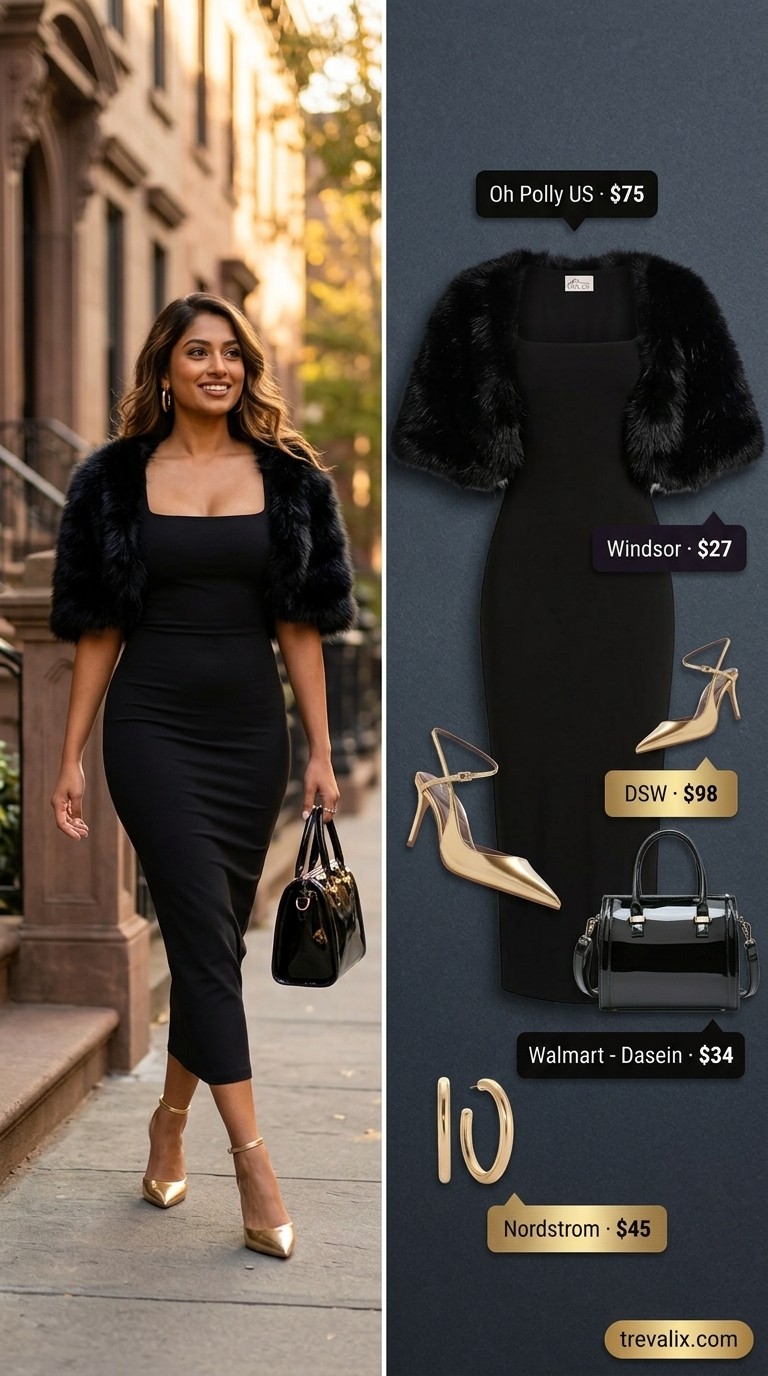 Sunset Siren Mob Wife Bodycon Summer Outfits 2026 Glamorous mob wife bodycon summer outfit 2026: Black dress, fur stole, gold heels for cocktail party.