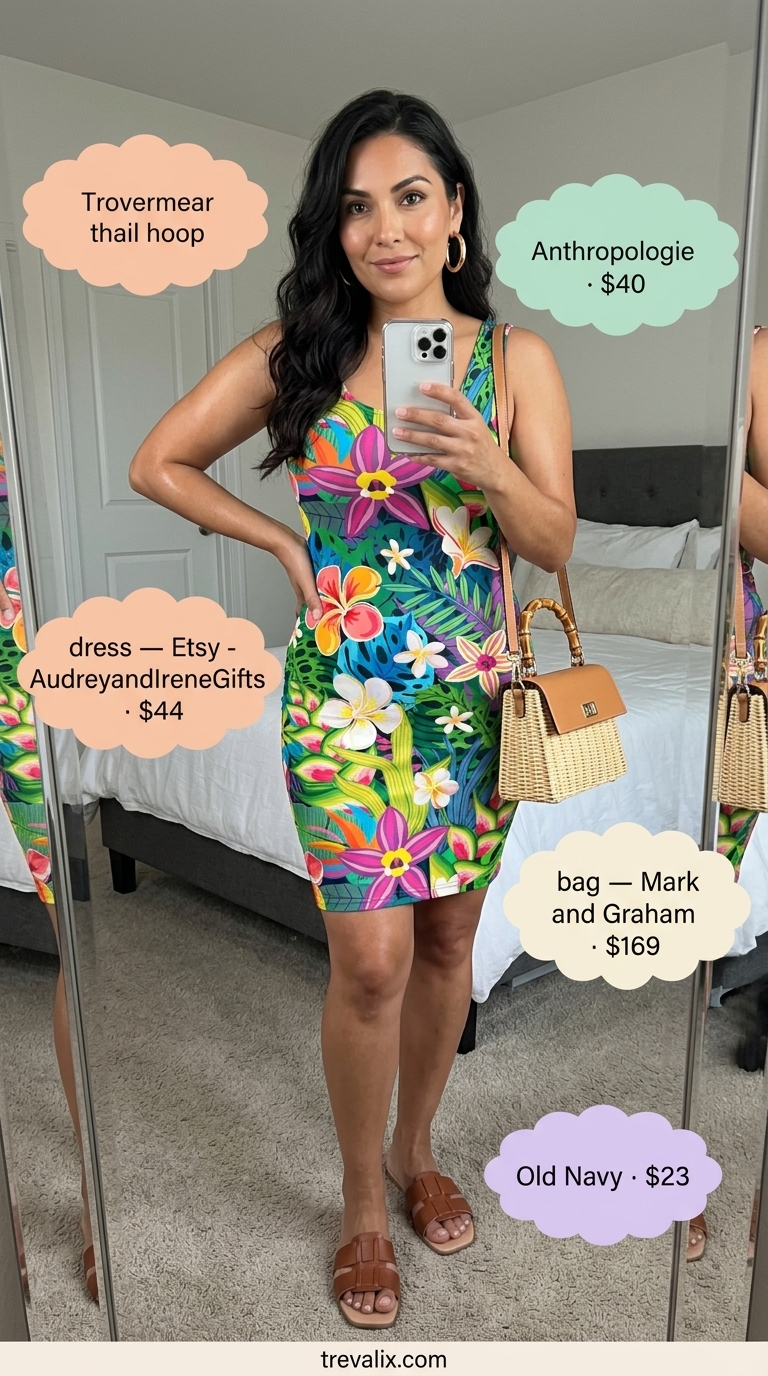 Mob Wife Bodycon Summer Outfits 2026: Tropical Escape Fun tropical floral mob wife bodycon summer outfit 2026 with straw bag and gold hoops for vacation.