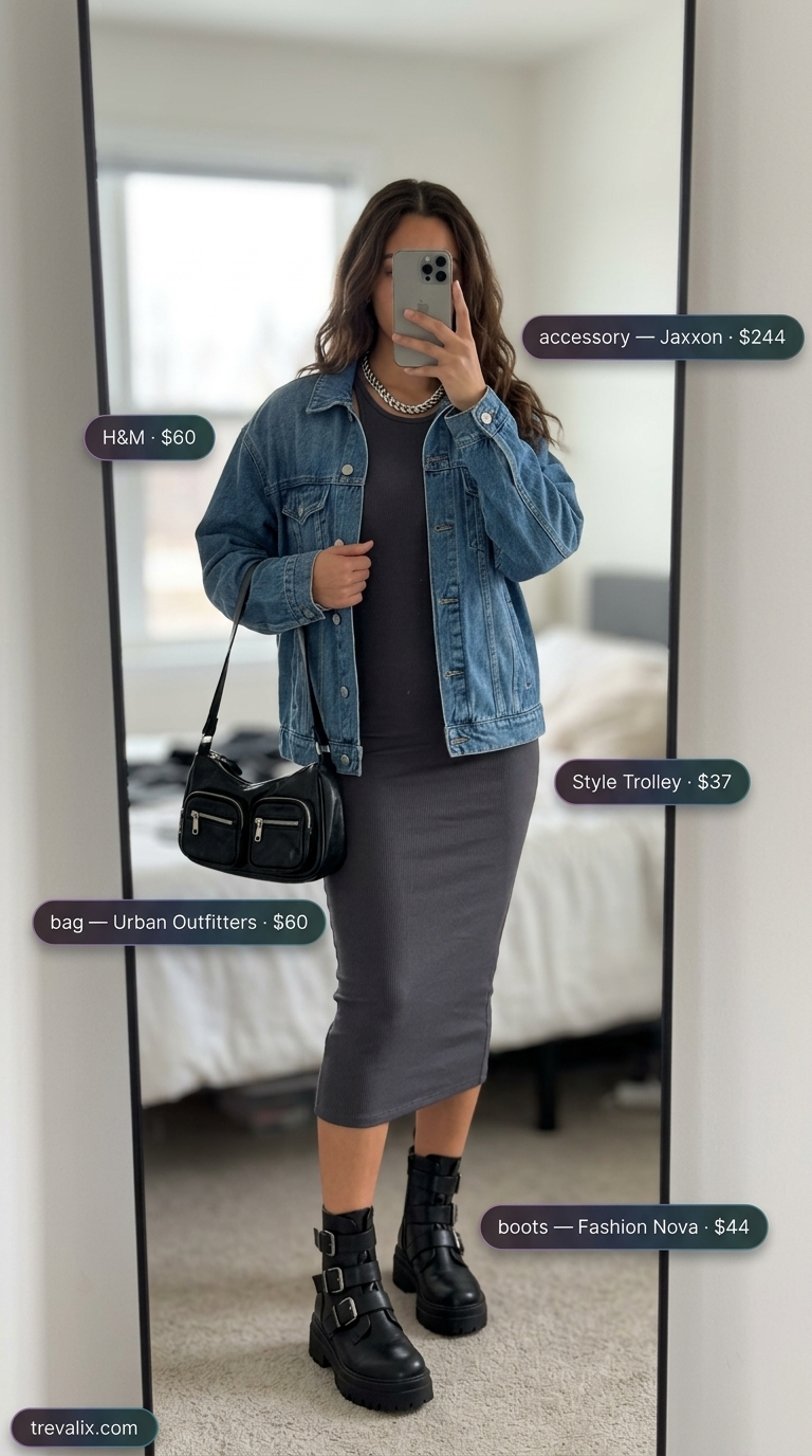 Urban Edge Mob Wife Bodycon Summer Outfits 2026 Edgy mob wife bodycon summer outfit 2026: Black dress, denim jacket, combat boots for concert.