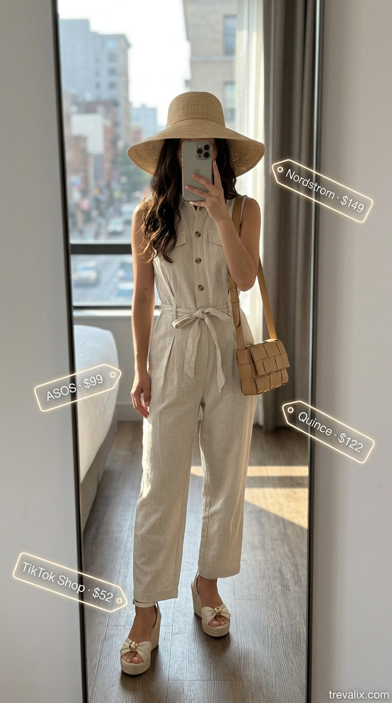NYC linen summer outfits for women 2026: Beige utility jumpsuit, espadrilles, straw hat.