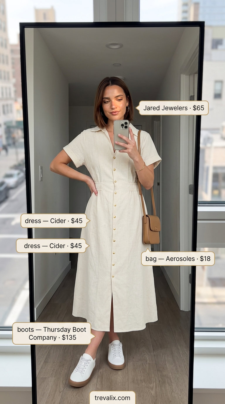 NYC linen summer outfits for women 2026: Beige linen shirtdress with white sneakers for casual weekend.