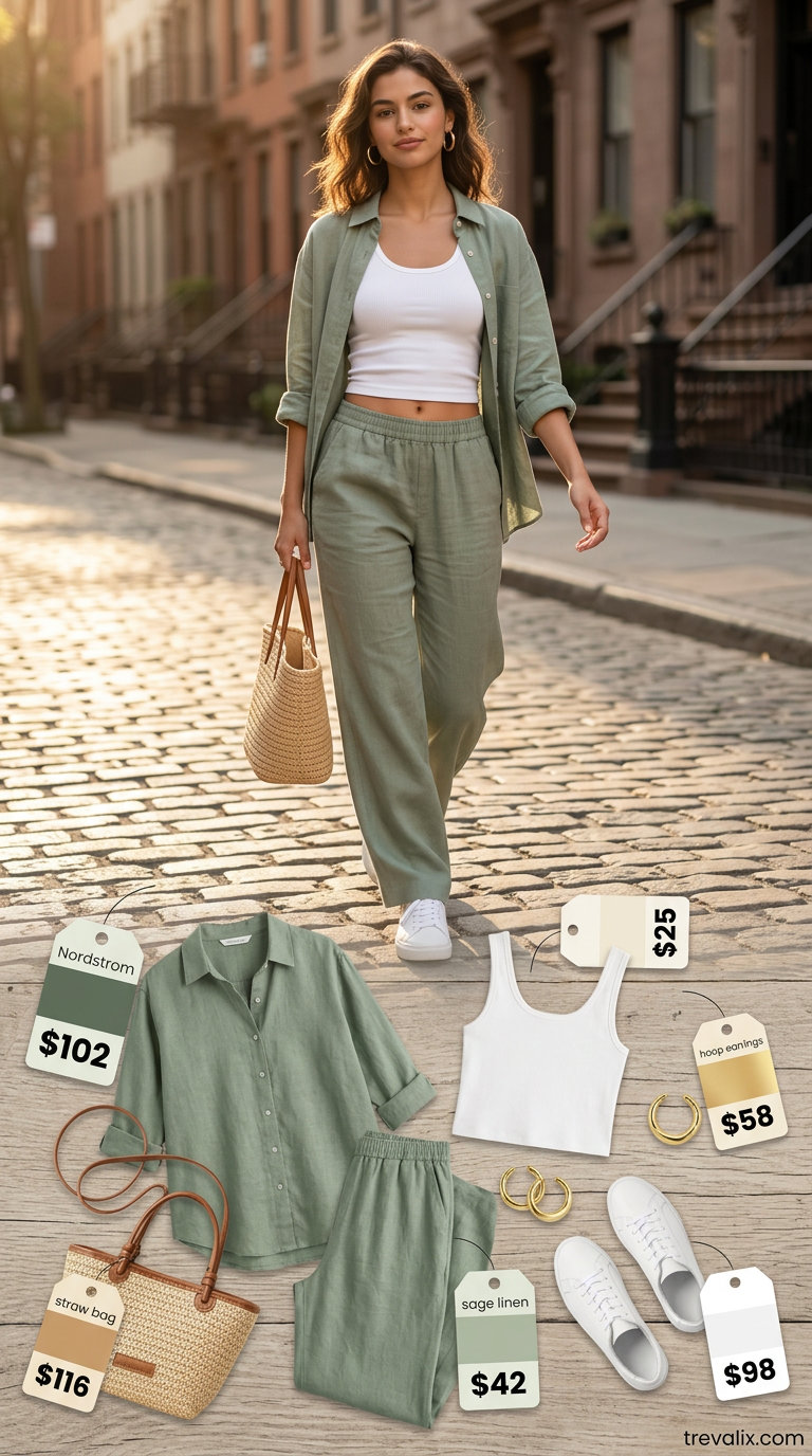 Modern NYC linen summer outfits for women 2026: Soft blue linen shorts set with sneakers.