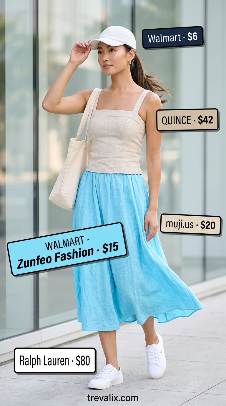 NYC linen summer outfits for women 2026: Sky blue linen skirt, white tank, sneakers for park.