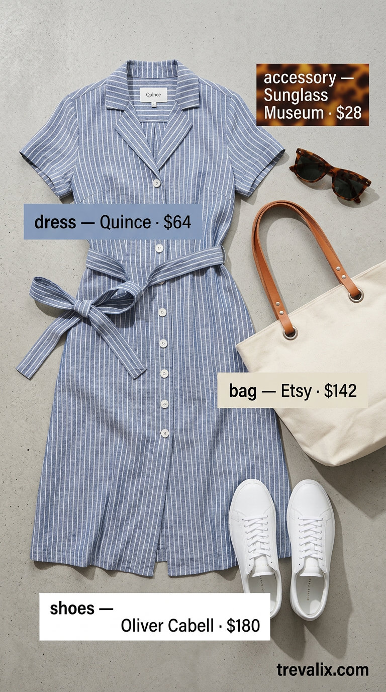 NYC linen summer outfits for women 2026: Chambray blue linen shirt dress with tote bag for park visit.