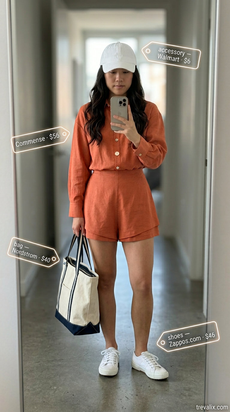 Playful NYC linen summer outfits for women 2026: Coral linen shorts set with sneakers.