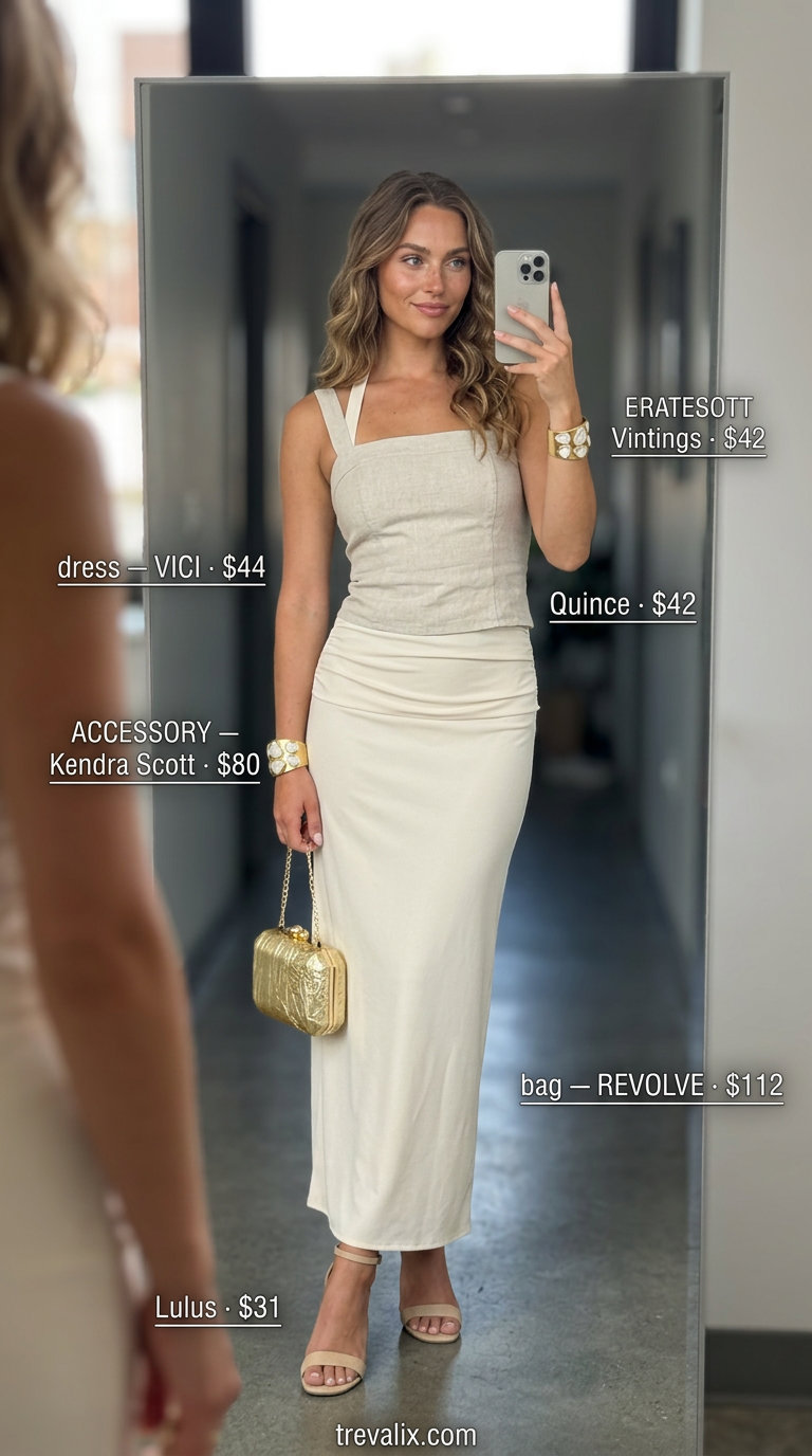 Elegant NYC linen summer outfits for women 2026: Cream halter neck maxi dress for weddings.