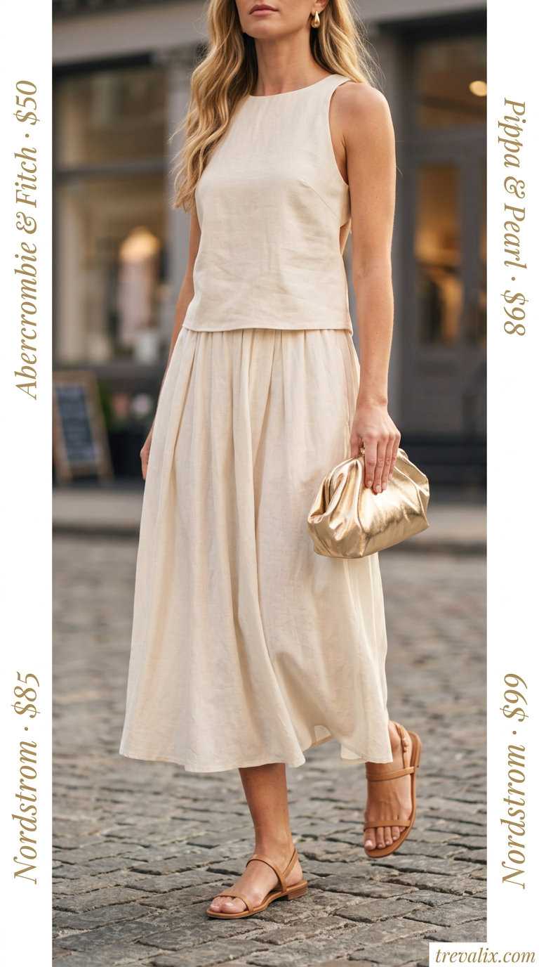 NYC linen summer outfits for women 2026: Cream linen bandeau top & midi skirt set for evening.