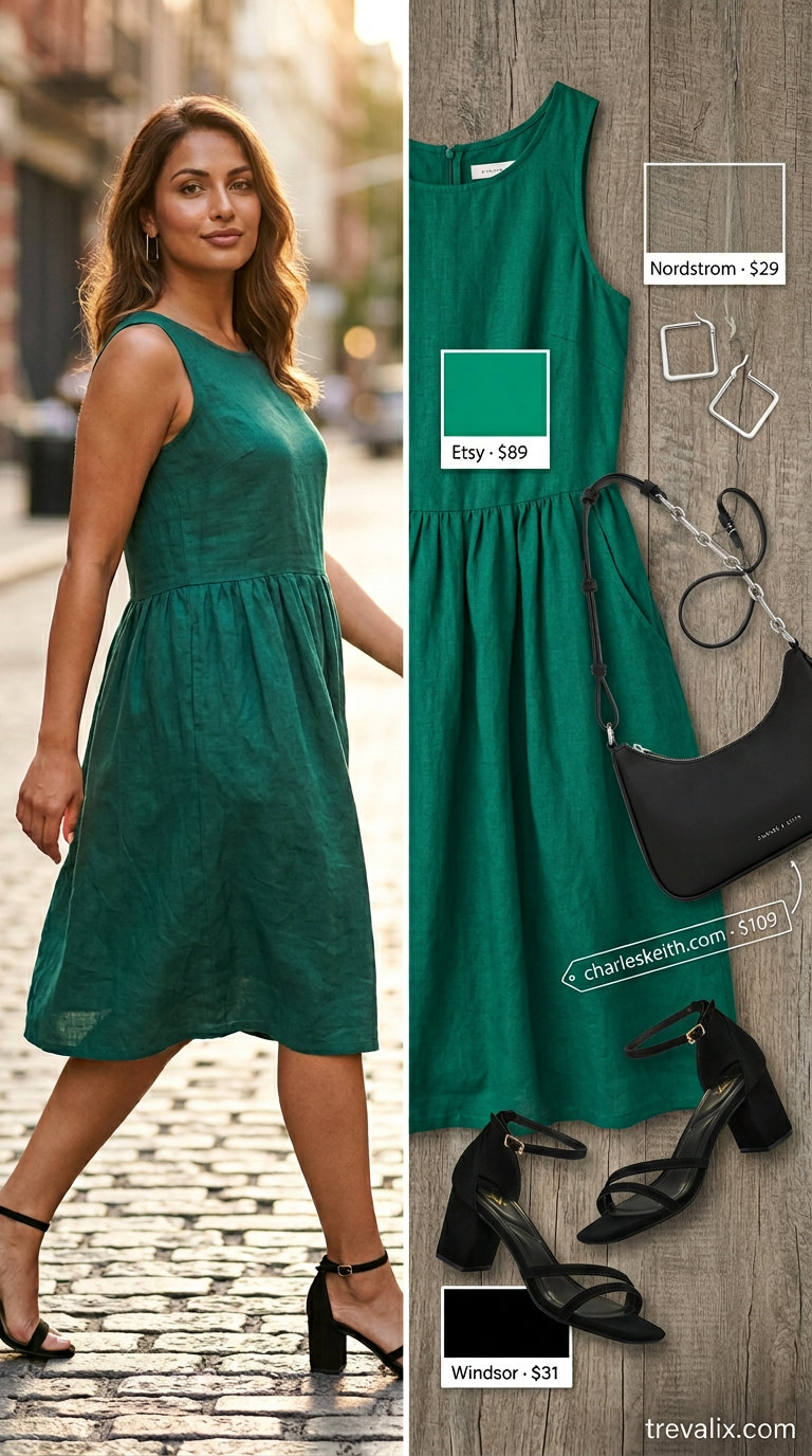 NYC linen summer outfits for women 2026: Emerald green linen midi dress with block heels for summer dinner.